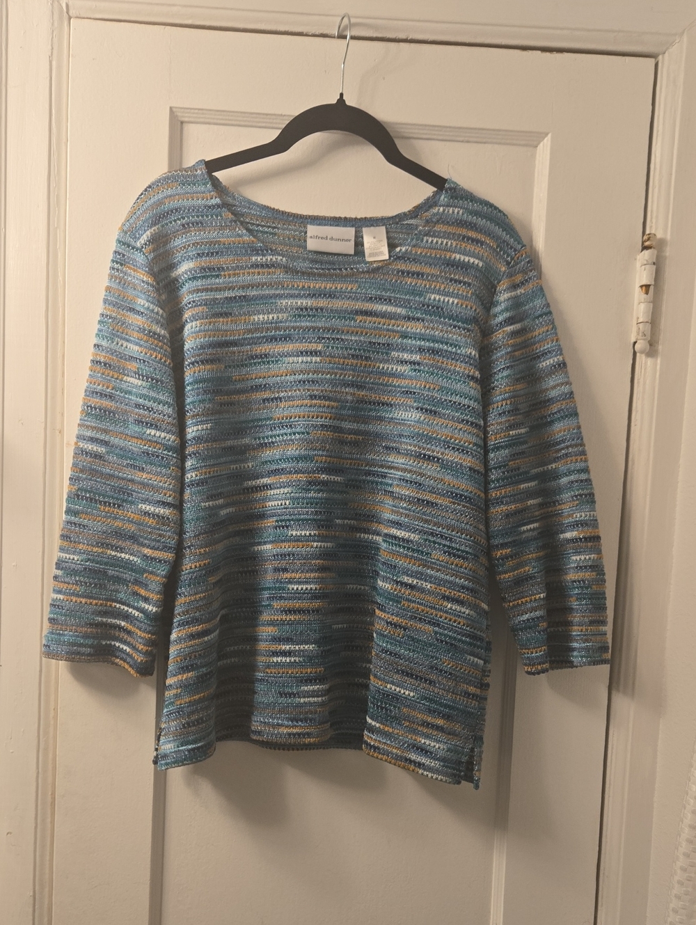 Alfred Dunner Blue and Cream Striped Crochet Pullover